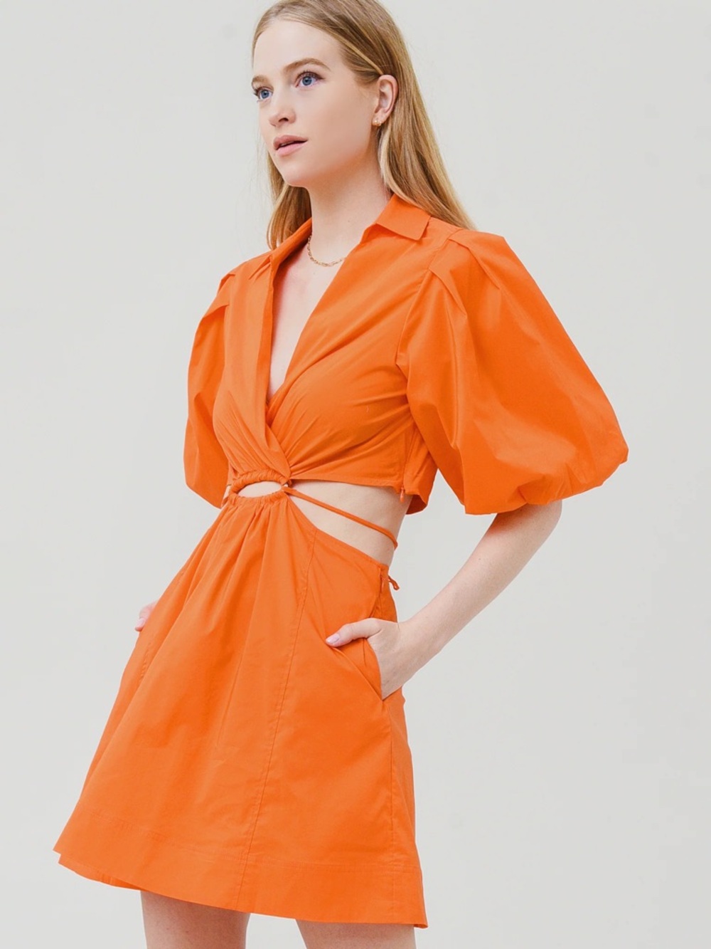 Jonathan Simkhai Aulora Cut Out Mini Orange Puff-Sleeve Mini Dress‎ Womens XS